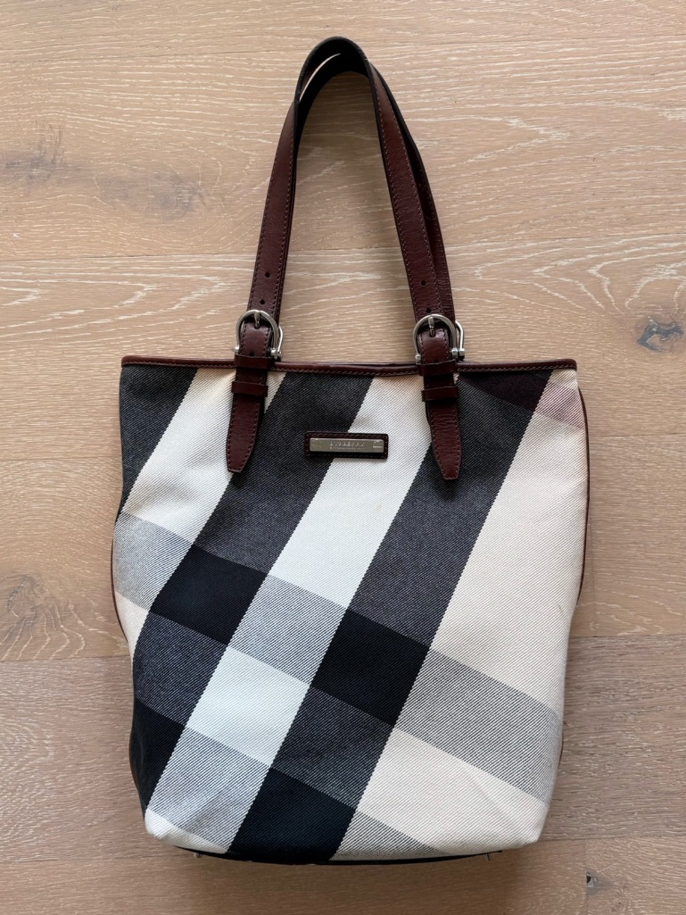 Large Vintage Burberry Tote, Classic, Canvas With Leather Trim